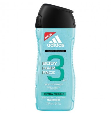 Adidas Body-Hair-Face 3 в 1 Extra Fresh Охлаждающий Гель для душа, умывания и Шампунь 250 мл