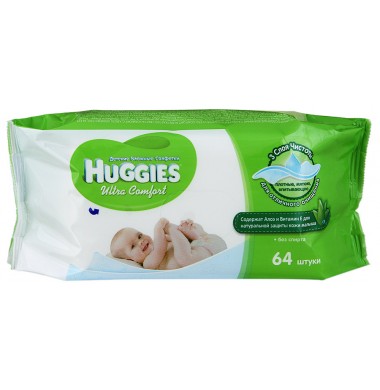 Huggies Ultra Comfort Алоэ 3-слойные Детские Влажные Салфетки 64 шт