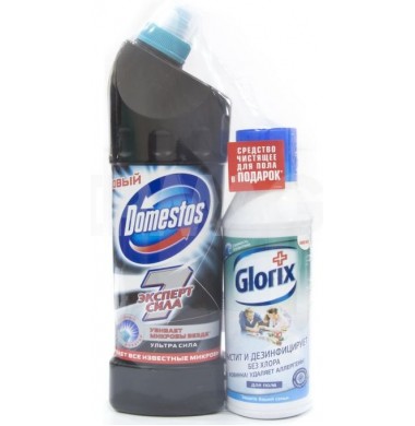 Domestos Эксперт Сила 7 Ультра Сила Гель для унитаза 1 л + Glorix Средство для пола 500 мл